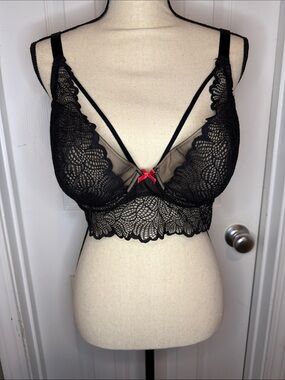 Cacique Black Lace Bralette with Red Bow Accent